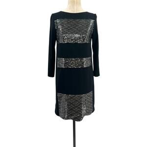 Gerard Darel Sequin Shift Dress Long Sleeve Black Silver Size 38 US 6‎